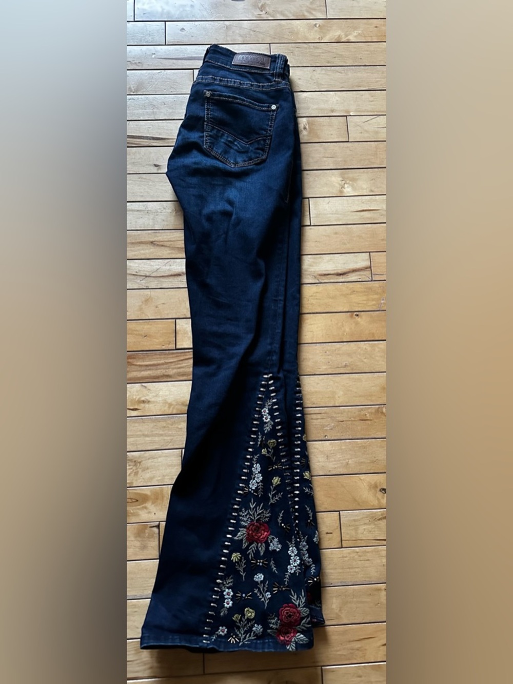 Rock & Roll Cowgirl Black Flare Jeans with Rose Embroidery